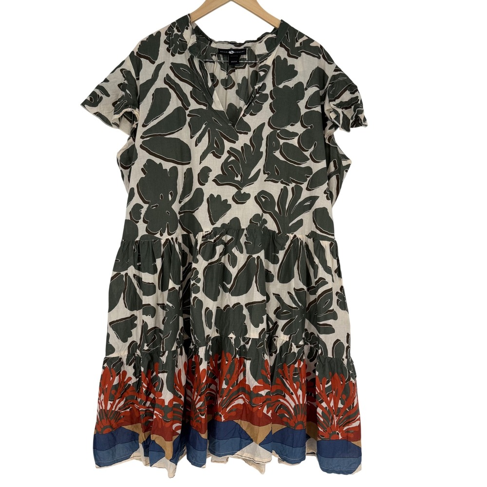 Ashley Stewart Cotton Botanical Tiered Mini Dress Green Orange Plus Size 22/24 - Picture 2 of 10